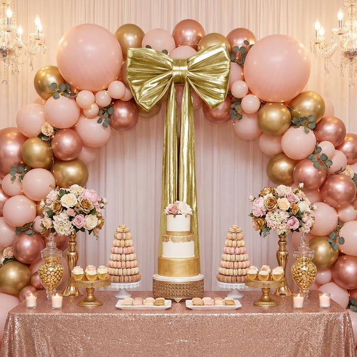 Giant Fabric Bow for Backdrop Metallic Gold with blushrose and gold balloon arch backdrop