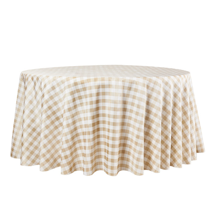 Gingham Checkered Polyester 120" Round Tablecloth - Beige & White - White Background