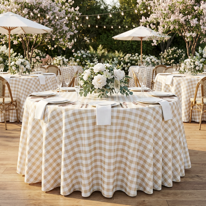 Gingham Checkered Polyester 120" Round Tablecloth - Beige & White - Front View