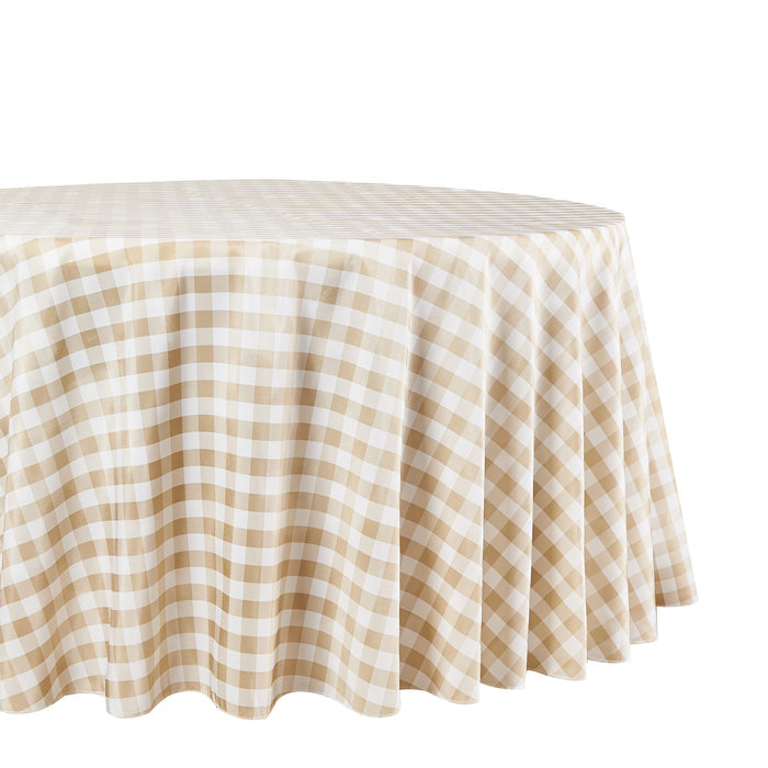 Gingham Checkered Polyester 120" Round Tablecloth - Beige & White - White Background