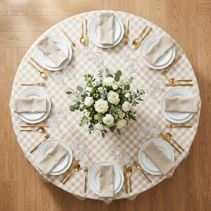 Gingham Checkered Polyester 120" Round Tablecloth - Beige & White - Top View