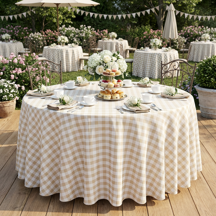 Gingham Checkered Polyester 120" Round Tablecloth - Beige & White - Garden Event View
