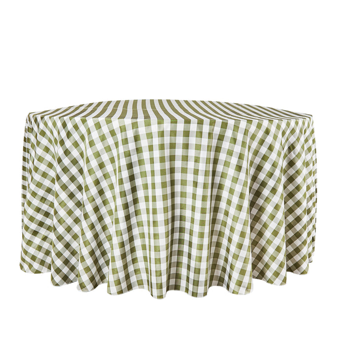 Gingham Checkered Polyester 120" Round Tablecloth - Olive Green & White - White Background