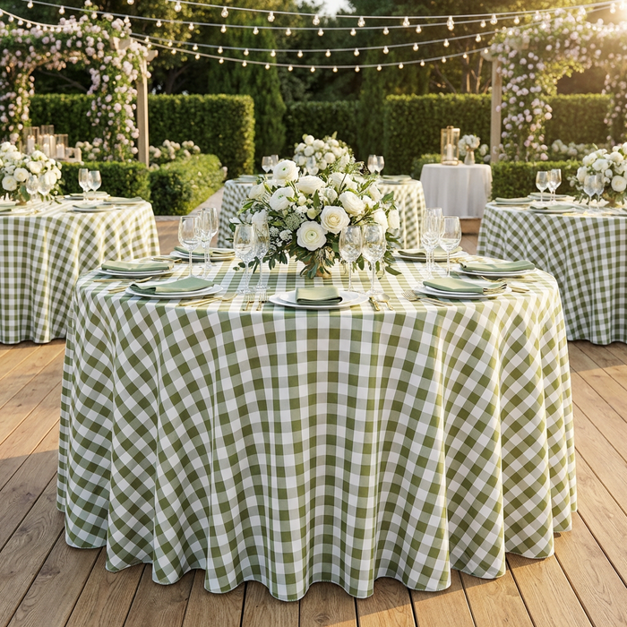 Gingham Checkered Polyester 120" Round Tablecloth - Olive Green & White - Front View