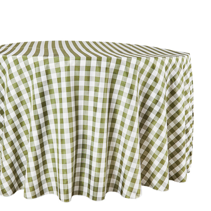 Gingham Checkered Polyester 120" Round Tablecloth - Olive Green & White - White Background