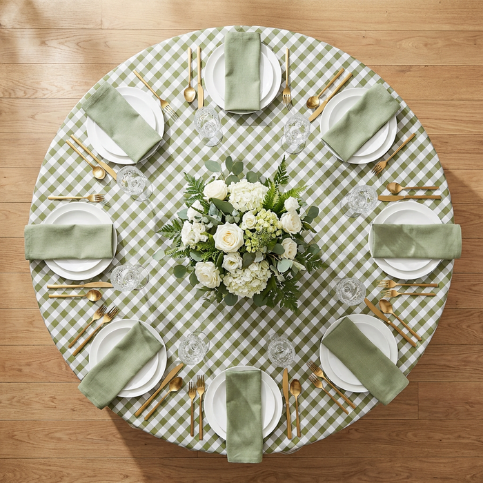 Gingham Checkered Polyester 120" Round Tablecloth - Olive Green & White - Top View