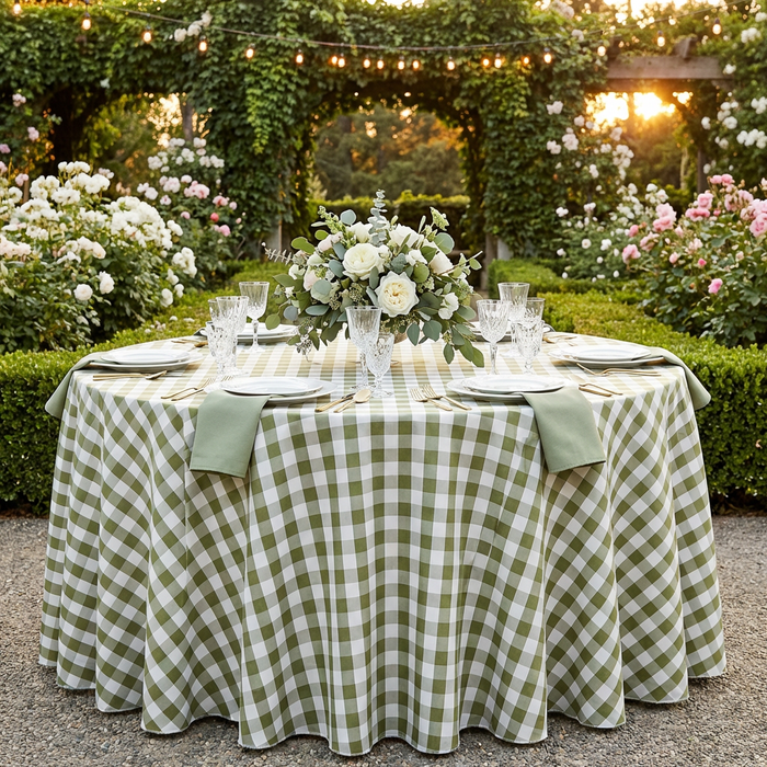 Gingham Checkered Polyester 120" Round Tablecloth - Olive Green & White - Garden Event View