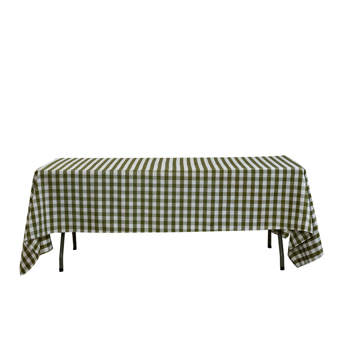 Gingham Checkered Rectangular Polyester Tablecloth 60"x120" Olive Green & White front view