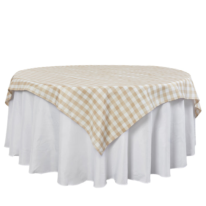 Gingham Checkered Square 70"x70" Polyester Overlay/Tablecloth Beige & White front view
