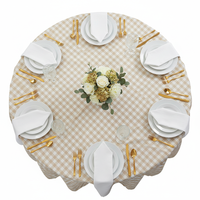 Gingham Checkered Square 70"x70" Polyester Overlay/Tablecloth - Beige & White