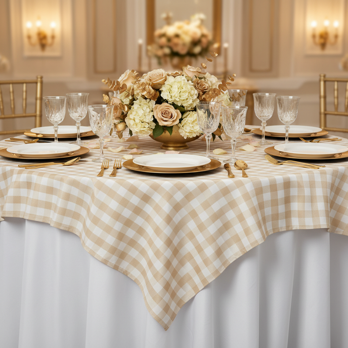 Gingham Checkered Square 70"x70" Polyester Overlay/Tablecloth - Beige & White