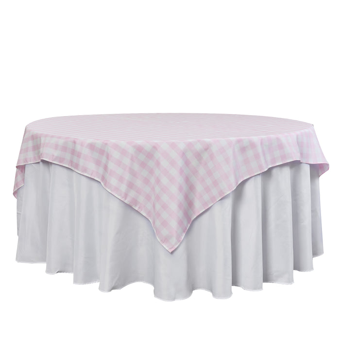 Gingham Checkered Square 70"x70" Polyester Overlay/Tablecloth Pink & White front view