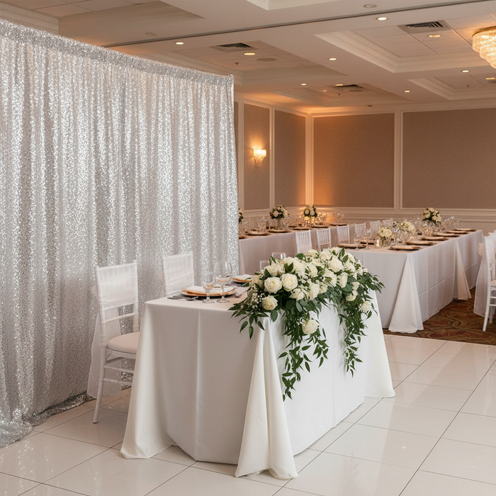 Glitz Sequin 10ft H x 112" W Drape/Backdrop panel - Silver | uprights | crossbars | bases |
