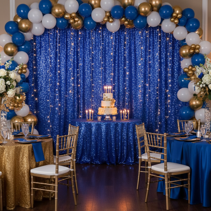 Indoor Birthday Celebration - Royal Blue Sequin Drape