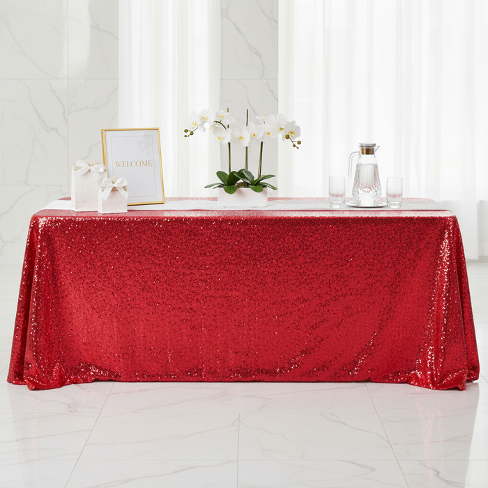 Glitz Sequin 90"x132" Rectangular Tablecloth - Red with white table runner