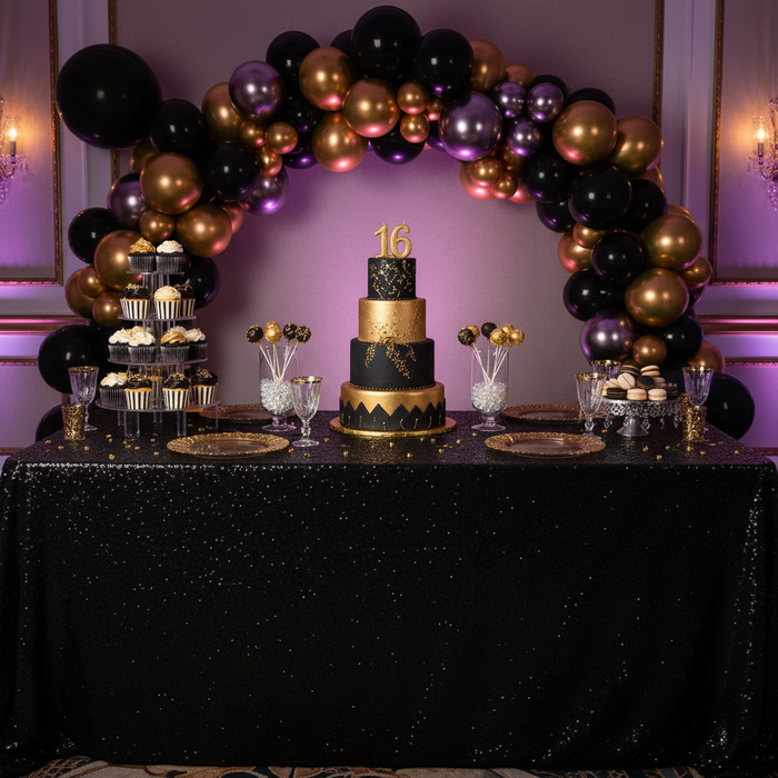 quinceañera dessert table with Glitz Sequin 90"x156" Rectangular Tablecloth - Black