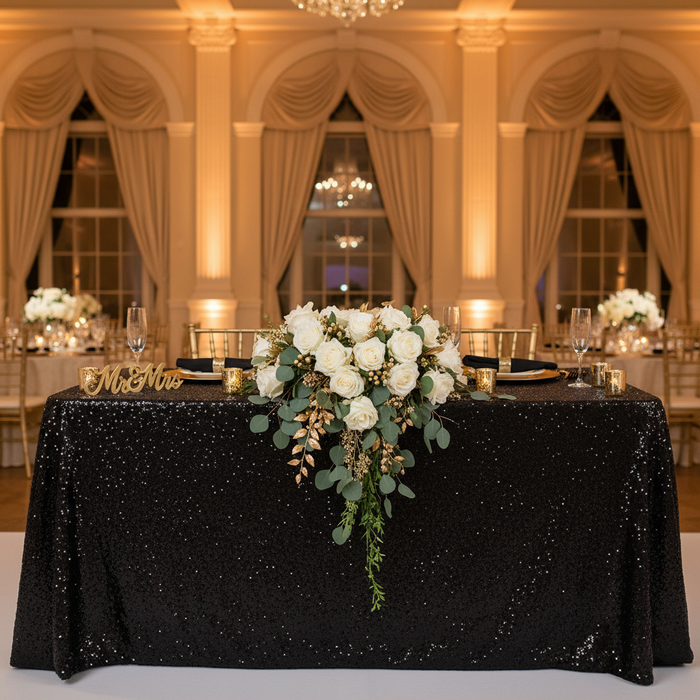 wedding sweetheart table with Glitz Sequin 90"x156" Rectangular Tablecloth - Black