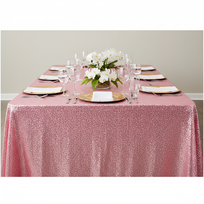Glitz Sequin 90"x156" Rectangular Tablecloth - Pink | charger plate | wine goblets | napkin |