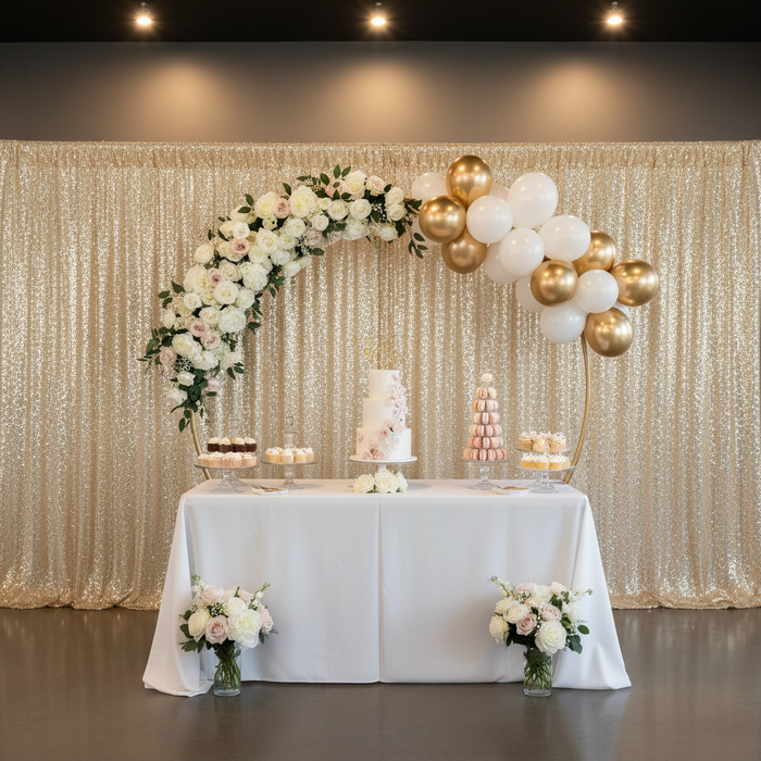 bridal shower table setup with Glitz Sequin Mesh Net 10ft H x 52" W Drape/Backdrop panel - Champagne and round arch