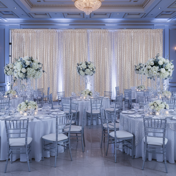 winter wonderland holiday setup with Glitz Sequin Mesh Net 10ft H x 52" W Drape/Backdrop panel - Champagne
