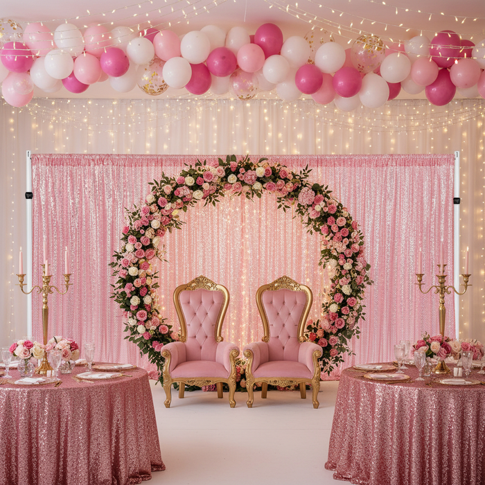 twin birthday celebration with Glitz Sequin Mesh Net 10ft H x 52" W Drape/Backdrop panel - Pink