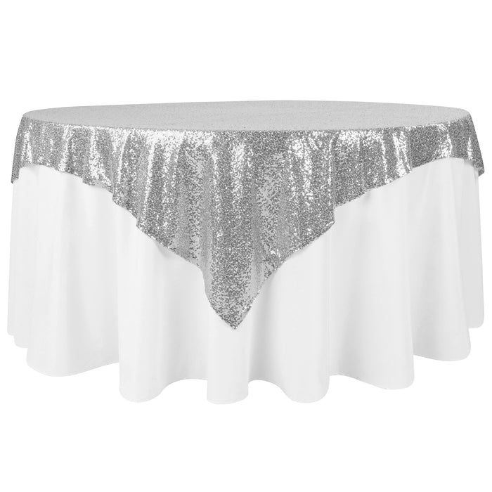 Glitz Sequin Mesh Net Table Overlay Topper 72"x72" Square - Silver - CV Linens