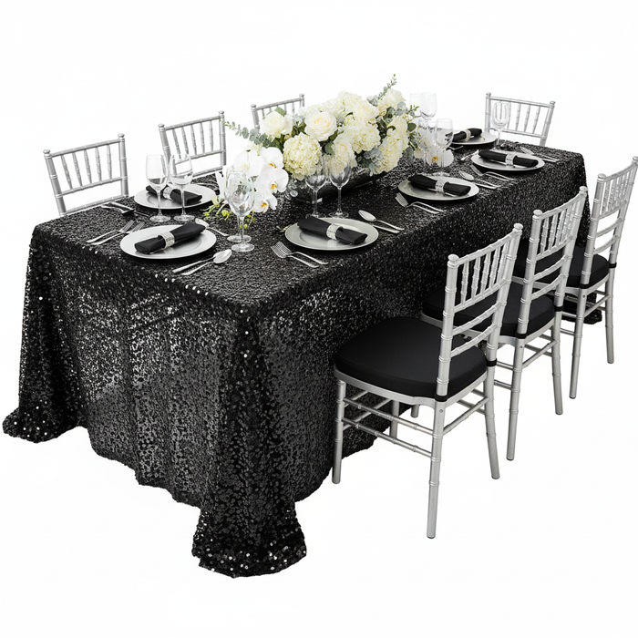 Glitz Sequin Mesh Net Tablecloth  90"x132" Rectangular -  Blacko with silver charger plate | black napkin | silver chiavari chair
