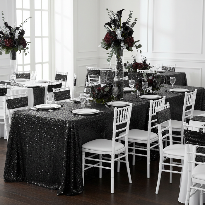 Glitz Sequin Mesh Net Tablecloth  90"x156" Rectangular -  Black.