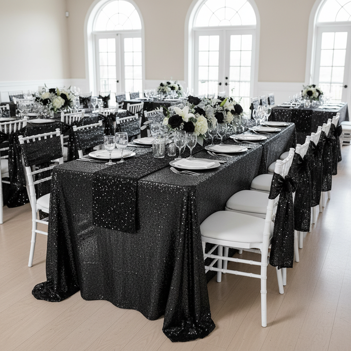 Glitz Sequin Mesh Net Tablecloth  90"x156" Rectangular -  Black.