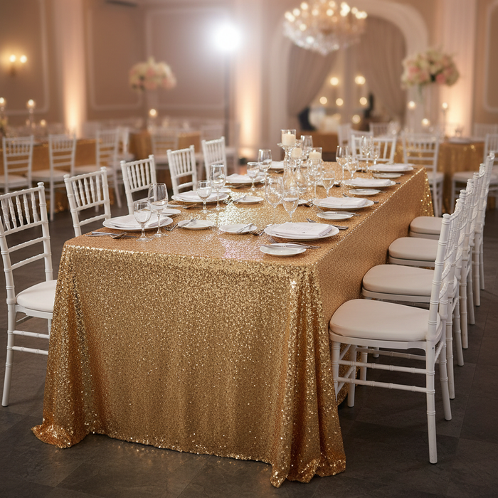 Glitz Sequin Mesh Net Tablecloth  90"x156" Rectangular -  Gold with Chiavari White Chairs.