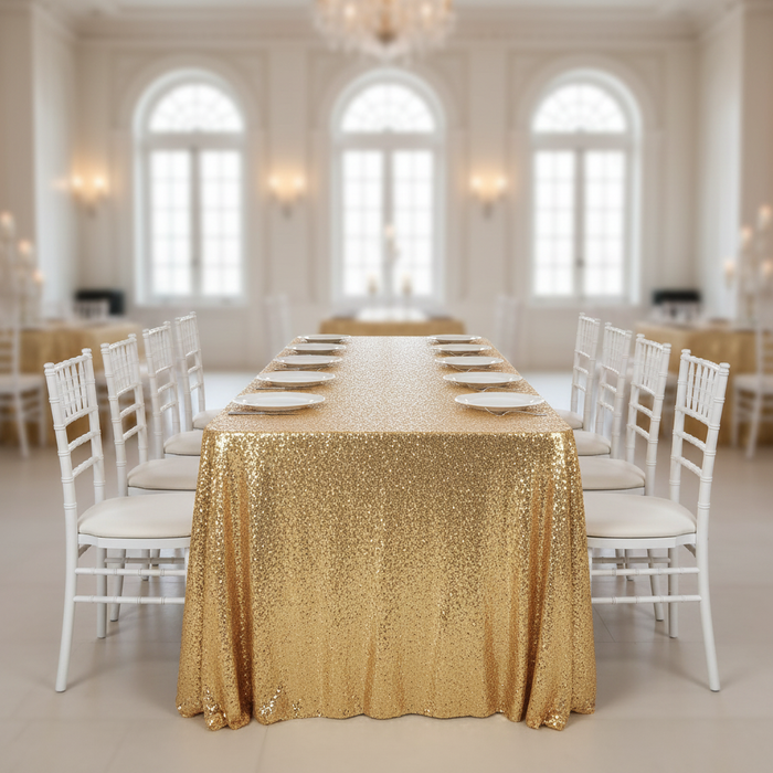 Glitz Sequin Mesh Net Tablecloth  90"x156" Rectangular -  Gold with Chiavari White Chairs.