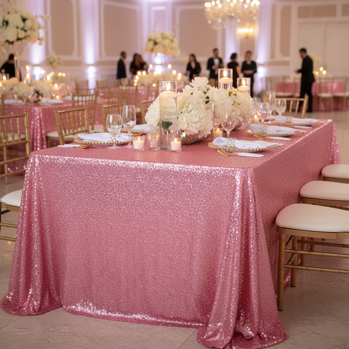 Glitz Sequin Mesh Net Tablecloth 90"x156" Rectangular - Pink styled on banquet table in ballroom setting