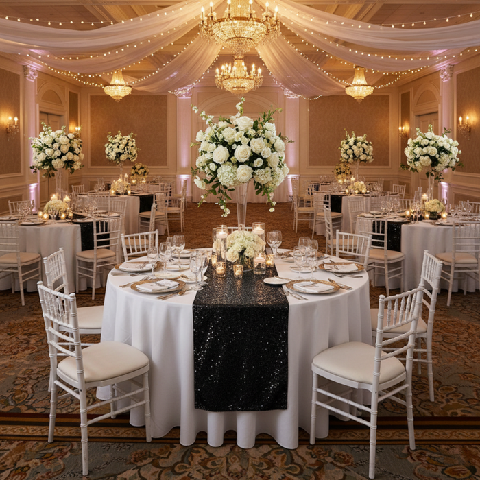 Black Glitz Sequin Table Runner – Indoor Ballroom Reception