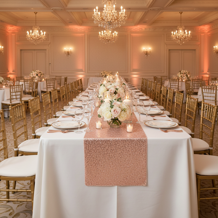 indoor wedding banquet with Glitz Sequin Table Runner - Blush/Rose Gold