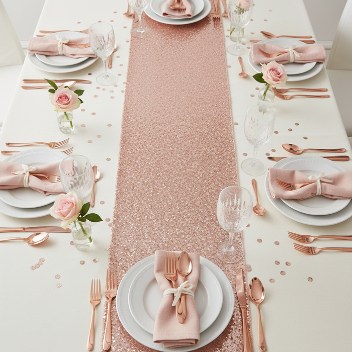 top view of Glitz Sequin Table Runner - Blush/Rose Gold