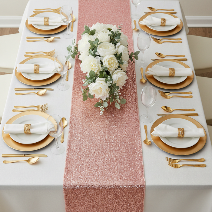 Glitz Sequin Table Runner - Dusty Rose/Mauve | charger plate | napkin | wine goblet