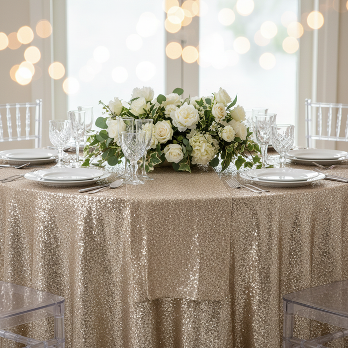 Glitz Sequins 108" Round Tablecloth - Champagne.