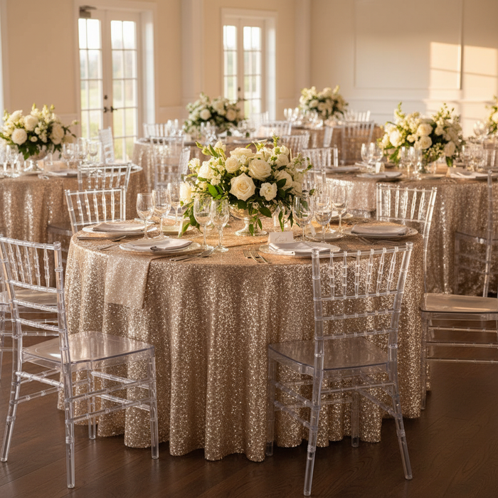 Glitz Sequins 108" Round Tablecloth - Champagne.