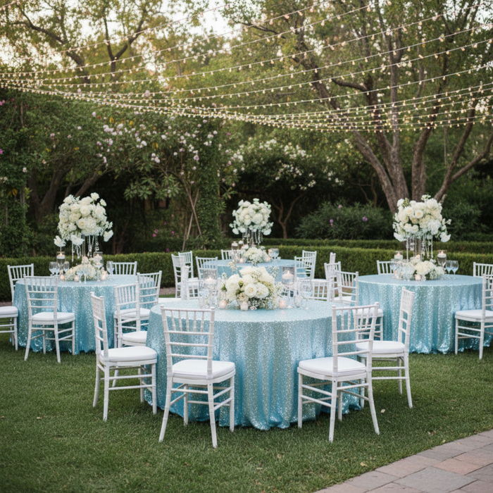 Outdoor Wedding Reception – Baby Blue 120 Round Glitz Sequin Tablecloth