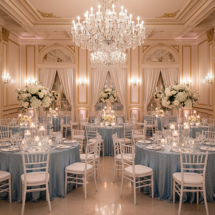 Indoor Wedding Reception – Baby Blue 120 Round Glitz Sequin Tablecloth
