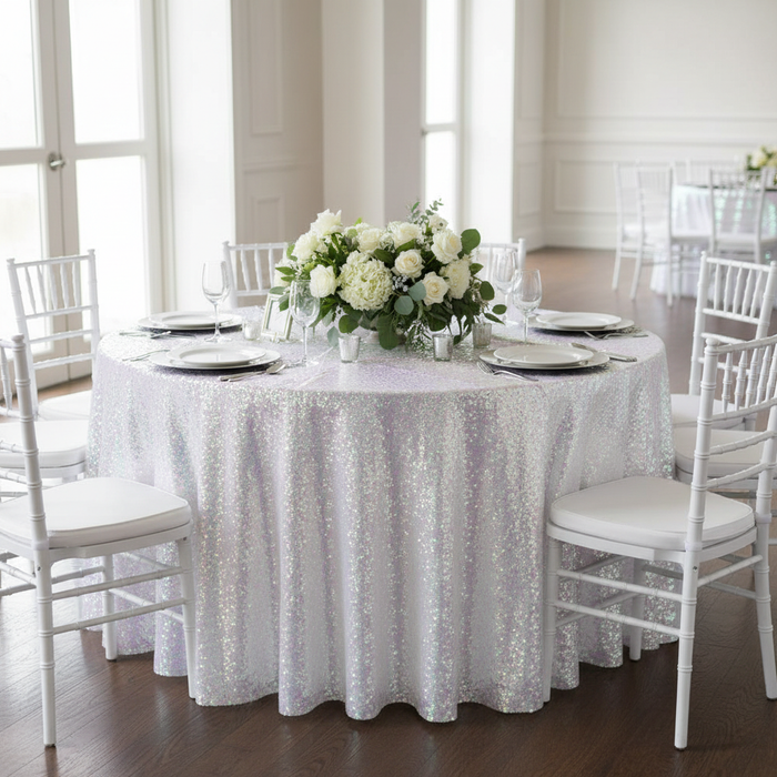 Glitz Sequins 132" Round Tablecloth - Iridescent White.