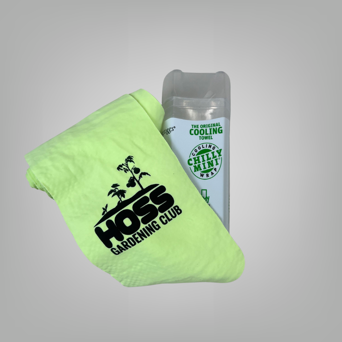 A folded neon yellow-green cooling towel with a black 'HOSS GARDENING CLUB' logo, shown next to a clear plastic canister of cooling gel on a light gray background.