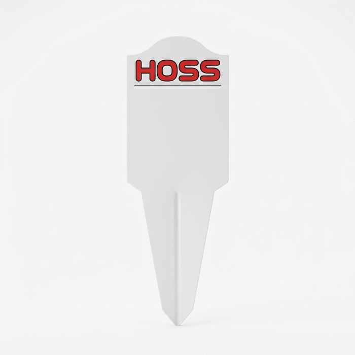 White garden label with 'HOSS' branding on a white background