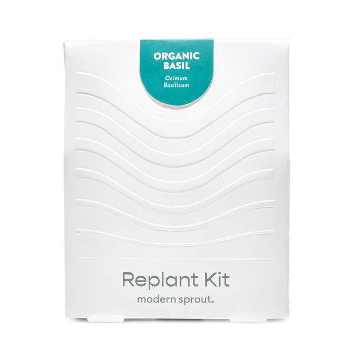 Immersion Hydroponic Replant Kit packaging featuring organic basil with a clean, modern design and clear labeling.