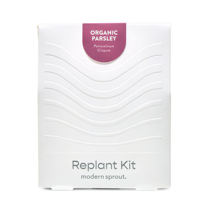 Immersion Hydroponic Replant Kit packaging featuring organic parsley with a sleek, minimalist design.