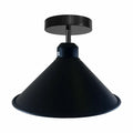 black industrial retro compact light fitting with a cone-shaped shade, designed for flush ceiling mounting.