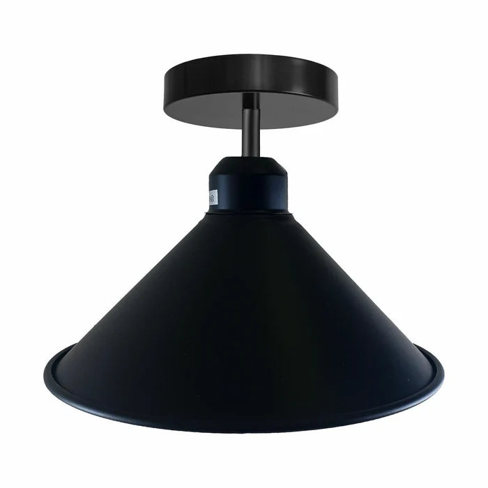 black industrial retro compact light fitting with a cone-shaped shade, designed for flush ceiling mounting.