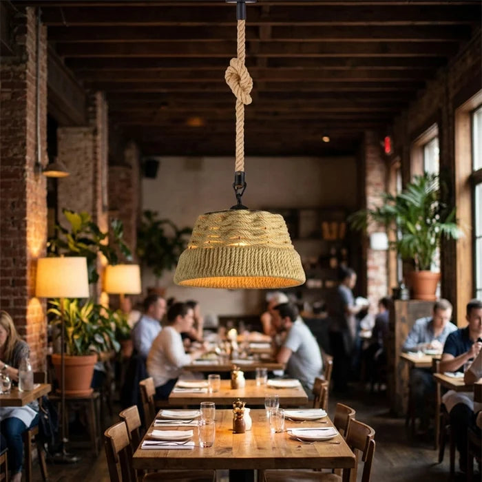 Dining room with wooden tables, chairs, and a rustic pendant light.
