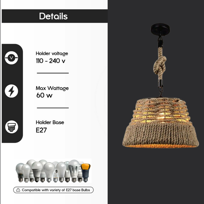 Pendant light with rope design on a black background, featuring technical details on the left.