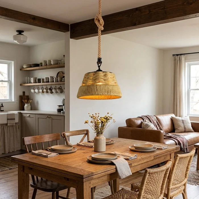 Dining room with wooden table, chairs, and a hanging woven lamp.